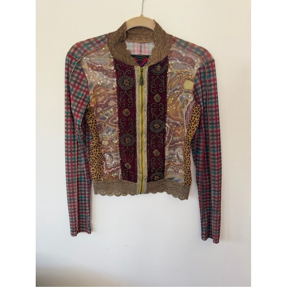 Woo Xoom Paris Aris Mixed-Media Patchwork Cardigan in Burgundy, Mustard & Brown
